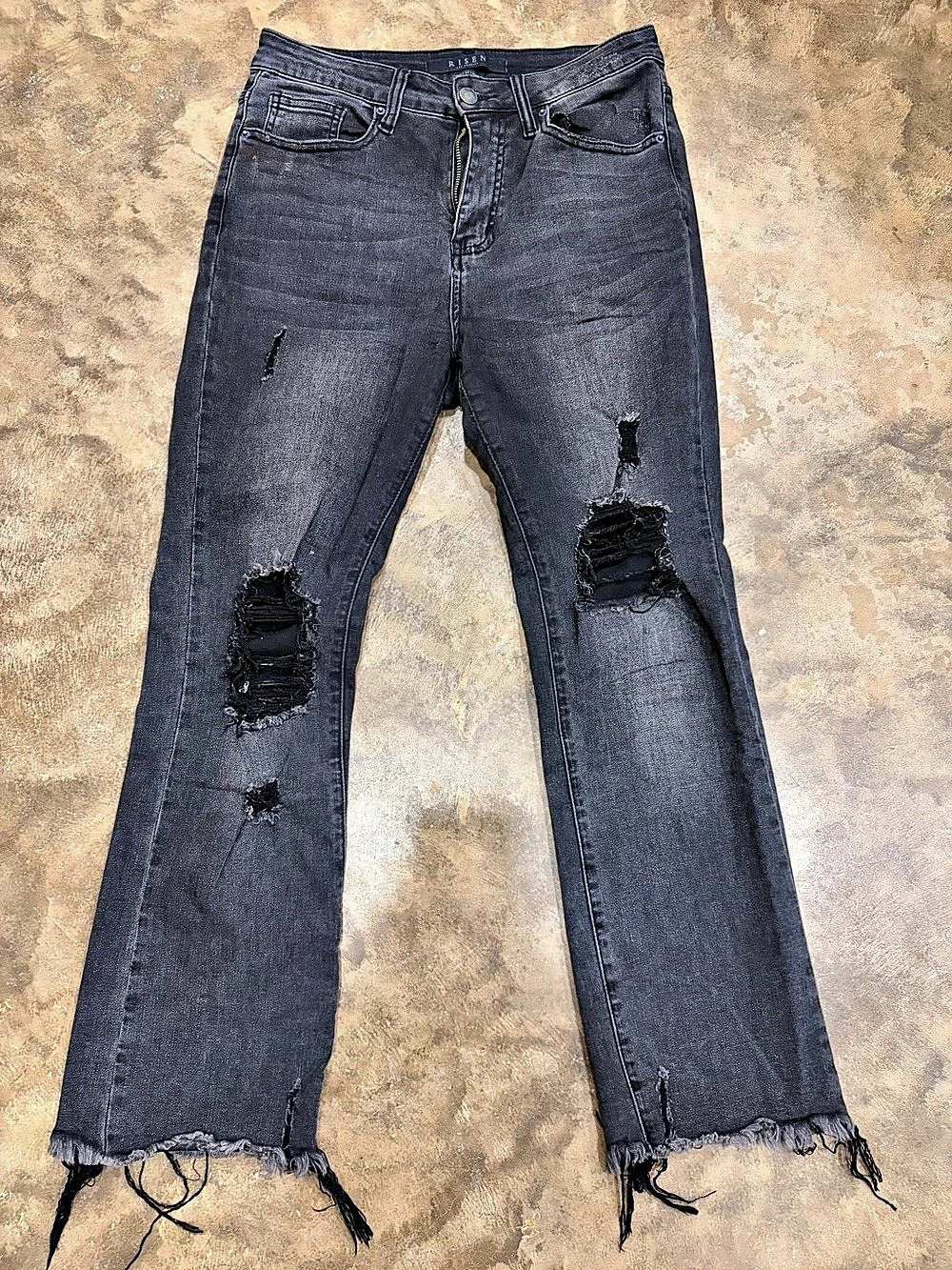 Risen Distressed Straight Leg Jeans